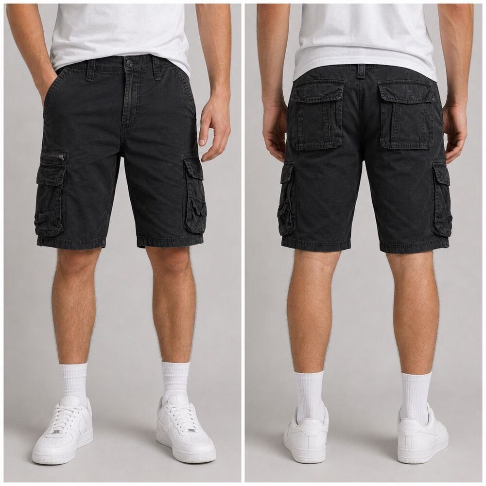 Blue Crown Solid Black Cargo Shorts multi pocket zipper 100% Cotton size 36